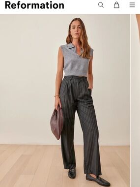 Reformation Oren Pinstripe Wide-Leg Trousers in Black